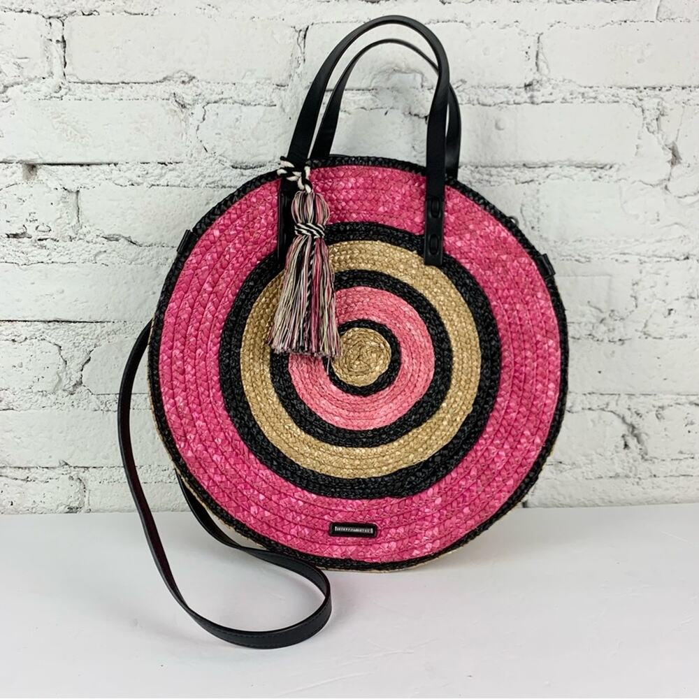 Rebecca Minkoff Straw Round Pink Raffia Tote Bag Tassel